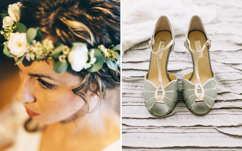 sposa con corona di fiori e scarpe verde salvia